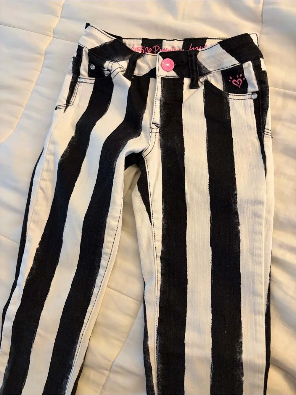 Justice Premium Black & White Striped Jeans with Pink Script Logo Size 12S